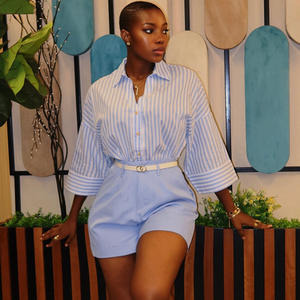 Camicetta da Donna Europea e Americana Autunno 2025, Nuovo Stile Dolce e Fresco, a Righe con Bottoni, in Poliestere, Ampia con Maniche a <span class=keywords><strong>Tre</strong></span> <span class=keywords><strong>Quarti</strong></span> - Product Image 4