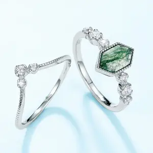 San Valentino gioielli regalo esagono muschio agata gemma anello di nozze Set da donna 925 anelli in argento Sterling