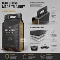 Sachet de café avec poignée de transport, valve anti-odeur, grande capacité, pochette autoportante, imprimé sur mesure, 1kg 2kg, emballage en gros pour café