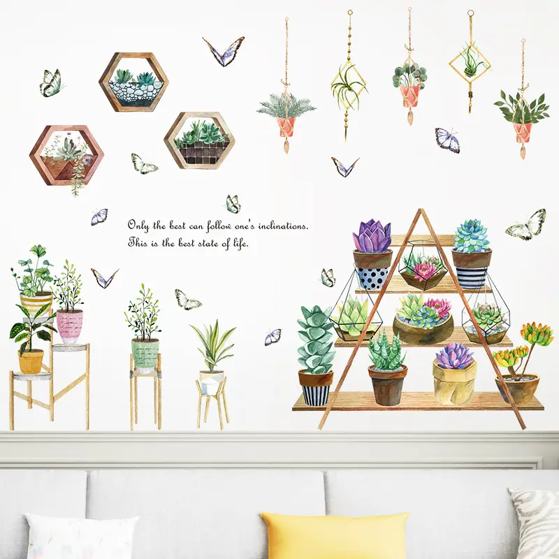 Plant pot hanging basket decorative decals sofa bedroom background wallpaper butterfly potted wall decals