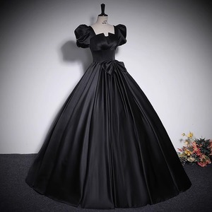 Satin Evening Gown Square Collar Empire Waist Vintage Style Black Women's Formal Dress Wedding Party Hostess Dress - Product Image 3