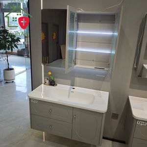 Meuble-lavabo moderne gris clair avec miroir en verre pour salle de bain Meuble-lavabo et comptoir intégrés - Product Image 6