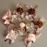 Set Korsase & Boutonniere Pergelangan Tangan Buatan Tangan Gaya Eropa, Bunga Pergelangan Tangan Pernikahan, Pita Mutiara, Kain Lembut Buatan Tangan