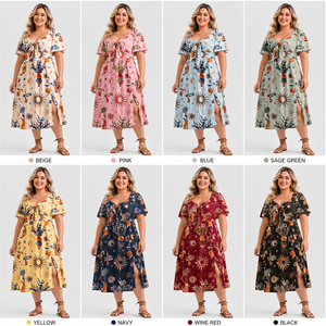 Vente en gros de robes d'été imprimées pour femmes, tailles 1XL-5XL, manches courtes et fente latérale, style décontracté - Product Image 2