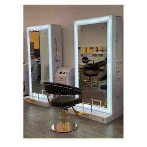 Moderno Double-face LED salone <span class=keywords><strong>specchio</strong></span> <span class=keywords><strong>con</strong></span> poggiapiedi portatile in legno Makeup Station per Beauty Lounge Hairdressing mobili - Product Image 2