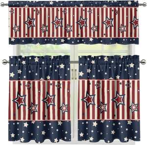 Ensembles de rideaux de <span class=keywords><strong>cuisine</strong></span> et de café 4 juillet Jour de l'Indépendance à motif étoile, 3 pièces, avec feuilles d'eucalyptus, pour petites fenêtres de café - Product Image 3