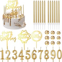 34-teiliges Geburtstagstorten-Dekorationsset Farbverlauf Dünne Kerzen Acryl-Schriftzüge Kugel-Zahlen 0-9 Gold Partyzubehör
