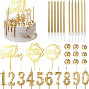 Kit de décoration de gâteau d'anniversaire 34 pièces, bougies fines dégradées, topper en acrylique avec inscription, sphère, chiffres 0-9, or, fournitures de fête - Product Image 1
