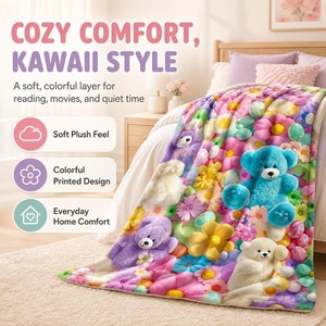 Couverture en peluche douillette Kawaii avec des ours et des fleurs de dessin animé, jeté doux en Raschel pour le confort à la maison - Product Image 1