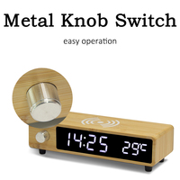 Réveil numérique en bois rétro avec bouton en bambou, chargeur sans fil 5W 10W, charge rapide sans fil Qi, horloge de bureau et de table