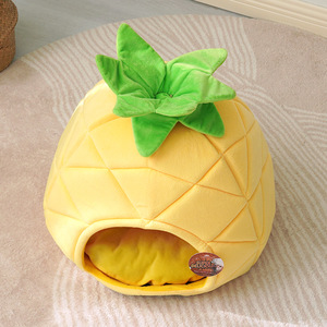 Lit pour animaux de compagnie en forme d'ananas, maison douce pour chat, ronde avec feuilles vertes pour chats - Product Image 2