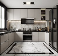 Armoires de cuisine modulaires avec construction en panneaux de mélamine à motif bois chaud pour utilisation en appartement
