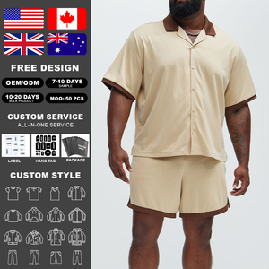 Ensemble deux pièces en polyester tricoté pour homme KingSen OEM, chemise boutonnée avec bordure contrastée et short à cordon de serrage, tenue décontractée d'été - Product Image 2