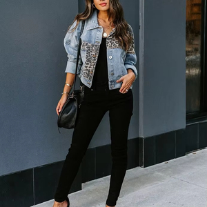 Women's Leopard Patch Denim Trucker Jacket With Turn <b>Down</b> Collar And Button Closure Autumn Style - Product Image 3