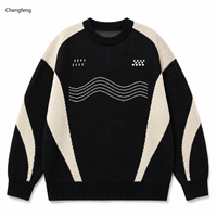Pull en tricot à col rond à manches longues pour homme, motif géométrique à blocs de couleur rétro, style raglan