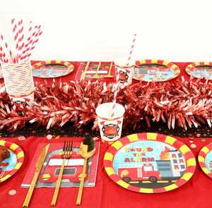 Assiettes en papier jetables OEM de 9 pouces, motif camion de pompiers CMYK, style moderne, fournitures de fête très vendues pour anniversaires et banquets d'équipe - Product Image 4