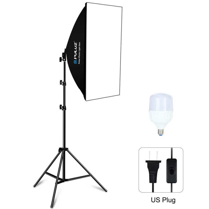 PULUZ Kit fotografi bohlam LED cahaya putih, kotak lunak Studio 50x70cm + 2m dudukan Tripod + tunggal E27 30W 5700K