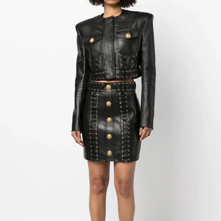 SR2274 Cool Street Wear Women Long Sleeve Crop Jacket Buckle Mini Skirt Designer Luxury Leather Clothes For Women
