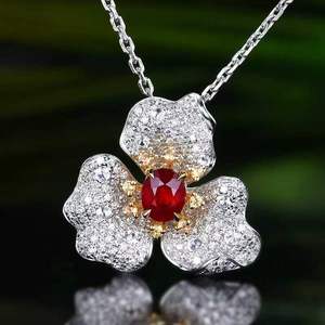 <b>Solid</b> 18K <b>Gold</b> Three-Leaf <b>Pendant</b>, 0.62ct Unheated Natural Pigeon Blood Ruby, 0.51ct South African Diamond Accents - Product Image 3