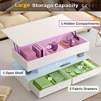 Table basse moderne à plateau relevable avec éclairage LED et design à panneaux, 2 tiroirs en tissu, pour usage domestique dans un petit salon, salle à manger ou bureau