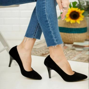 Chaussures à talons aiguilles classiques en daim noir pour femmes, bout pointu, décoration en strass, 36-40 36-40, fabriqué en Turquie - Product Image 1