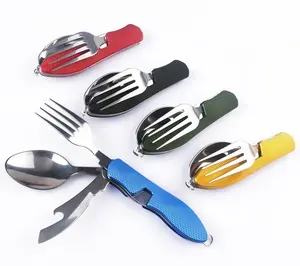 Faltbare Camping Utensilien Besteck Set 4-in-1 Edelstahl Löffel Gabel Messer Flaschen öffner Set Abnehmbare Geschirr Tasche Kits