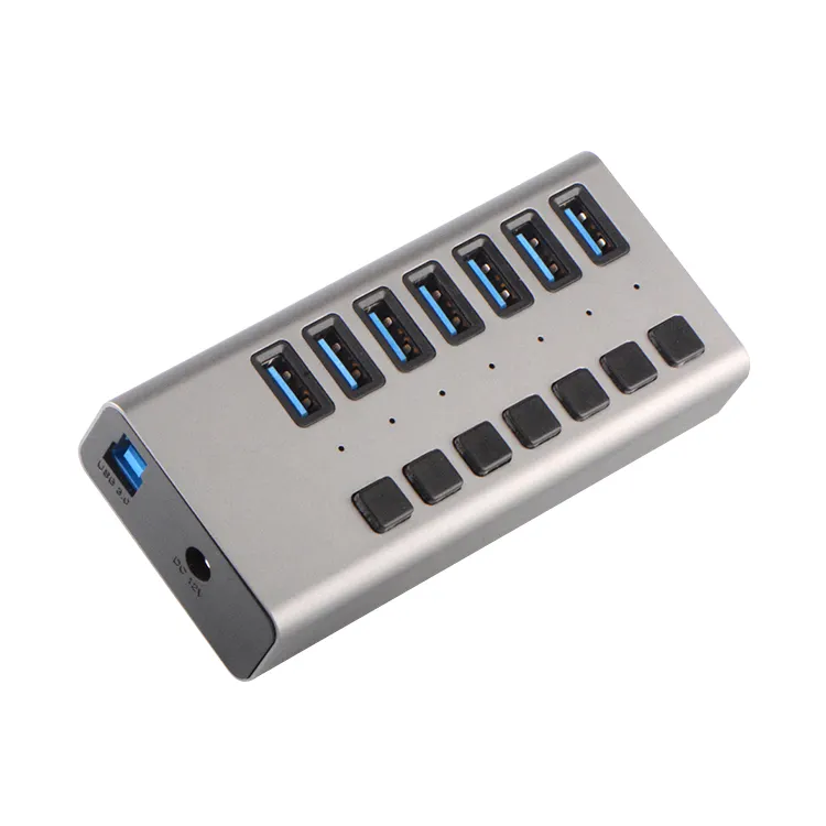 Pemisah USB Multiport 12V 3A USB 3.0 Hub, harga pabrik dengan sakelar daya individu untuk Mac