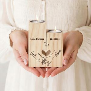 Custom Square Wooden Candle <b>Holder</b> Set Name Date Matching <b>Tealight</b> Stands Couples Engraved Romantic - Product Image 5