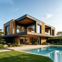 Maison préfabriquée moderne à deux étages, maison modulaire de luxe, structure noire, mur en verre, terrasse en bois, villa dans la cour