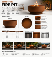 Brasero moderne rustique en acier Corten, grande cheminée ronde d'extérieur pour terrasse, usage commercial et résidentiel