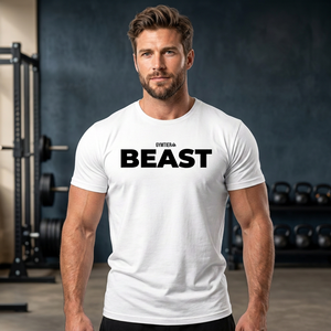 T-shirt blanc à manches courtes pour homme GYMTIER, tricoté sur le devant, écologique, col rond, coupe ajustée, décontracté, pour la gym - Product Image 1