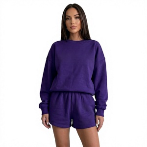 Ensemble de shorts tricotés 2 pièces pour femmes, couleur violette, col ras du cou, manches longues, coupe ample, couleur unie, pour toutes les saisons, usage quotidien - Product Image 1