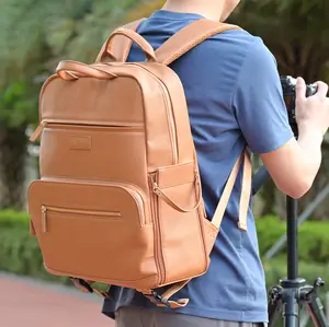 custom brown vegan saffiano PU leather dslr photo camera laptop travel backpack bag professional photographer