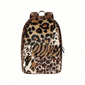 Women's Fashionable Anti-Theft Plush Leopard Print Patchwork Fluffy <b>Backpack</b> Faux Fur <b>Backpack</b> for Daily Use - Product Image 1