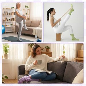 Calcetines de Yoga, Pilates, Baile y Ejercicio para Mujer, Antideslizantes, con Lazo, por Encima de la Rodilla, en Cuadros, Morado, Gris, Amarillo y Verde - Product Image 2