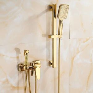 Gold <b>Shower</b> Set All Brass Rain Spray Rectangle Portable Bathroom Faucet With Vacuum Coating Corrosion Prevention - Product Image 1