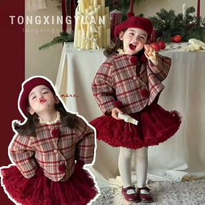 Girls Plaid Fleece <b>Lined</b> <b>Coat</b> Tutu Skirt Set Autumn Winter Outfit Windproof Christmas Dress - Product Image 5