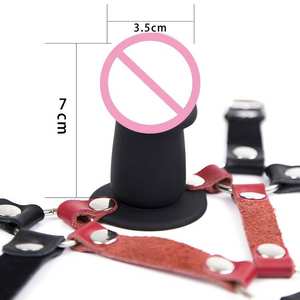 Correa de sujeción corporal ajustable Yamamoto de cuero genuino y silicona, con tapón bucal abierto montado en la cabeza, dildo gag negro y rojo, BDSM, sexo - Product Image 4