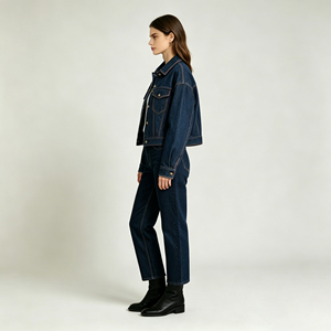 Leduo Customized Women <b>Dark</b> <b>Indigo</b> Cropped Denim Jacket Relaxed Fit Long Sleeve Casual <b>Jean</b> Coat - Product Image 2