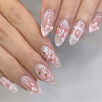 Faux Ongles Roses Fraise Personnalisables en Gros – Forme Amande avec Nœud 3D et Motif Floral, Matériau PMMA, Longueur Moyenne