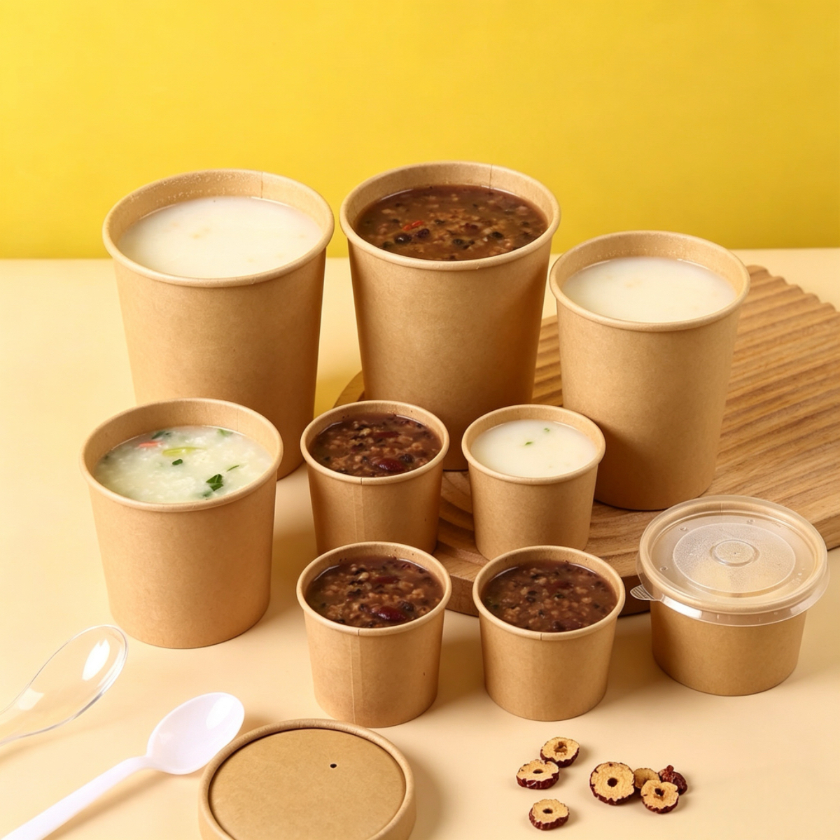 Disposable Biodegradable 12oz 16oz 32oz Take Away Food Kraft Paper Soup Bowl Cup Container With PP Paper Lid for Hot Soup