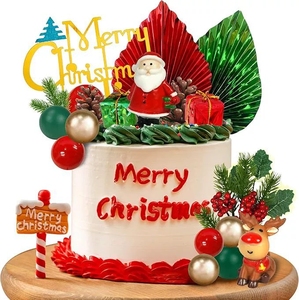 <b>Set</b> of 20 <b>Christmas</b> Cake Toppers Mini Santa Claus Reindeer and Tropical Green Red Palm Leaf Designs for Xmas Party Dessert Decor - Product Image 1