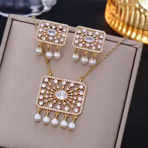 CDD High Quality Square Hollow Zircon Necklace Earrings Sets For Women CZ Crystal Bridal Indian Jewelry Set