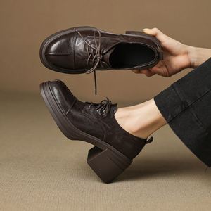 Cialisa 2025 – Nouveaux Mocassins Décontractés en Cuir Véritable Vintage pour <span class=keywords><strong>Femme</strong></span>, <span class=keywords><strong>Bout</strong></span> Rond, Talons Hauts Épais à Lacets Croisés, Chaussures à Talons Compensés Élégantes - Product Image 1