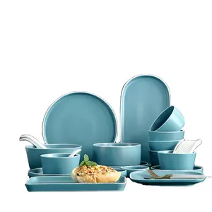 신제품 2021 블루 세라믹 식탁 세트 스테이크 플레이트 도자기 세트 식탁