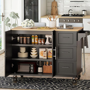 Grand chariot roulant à îlot de cuisine avec 3 tiroirs 1 armoire porte-serviettes à épices-Rangement de table de salle à manger mobile noir - Product Image 4