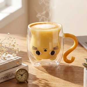 Niedliche Orange-Weiß-Grün-Blaue Farbige Kaffeetassen Cartoon-Katze Doppelwandige Milch-Wasser Borosilikatglas Trinkbecher Mit Henkel - Product Image 6