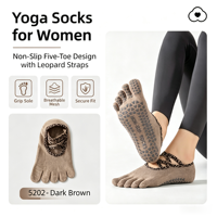 Chaussettes de yoga antidérapantes à cinq doigts pour femmes, motif léopard, avec sangles croisées et grip en silicone intégral, idéales pour le Pilates, la barre, la danse et le fitness