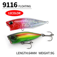 Leurre de pêche dur 6,4 cm 9g avec hameçon triple, leurres flottants bioniques 3D à 12 couleurs, leurres Popper A9116
