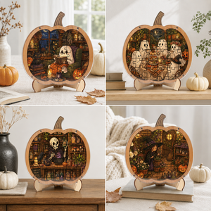 Rompecabezas de madera con forma de calabaza, escena de fantasma, esqueleto y bruja, adornos de escritorio de Halloween, juego de ensamblaje DIY espeluznante para otoño, decoración. - Product Image 3